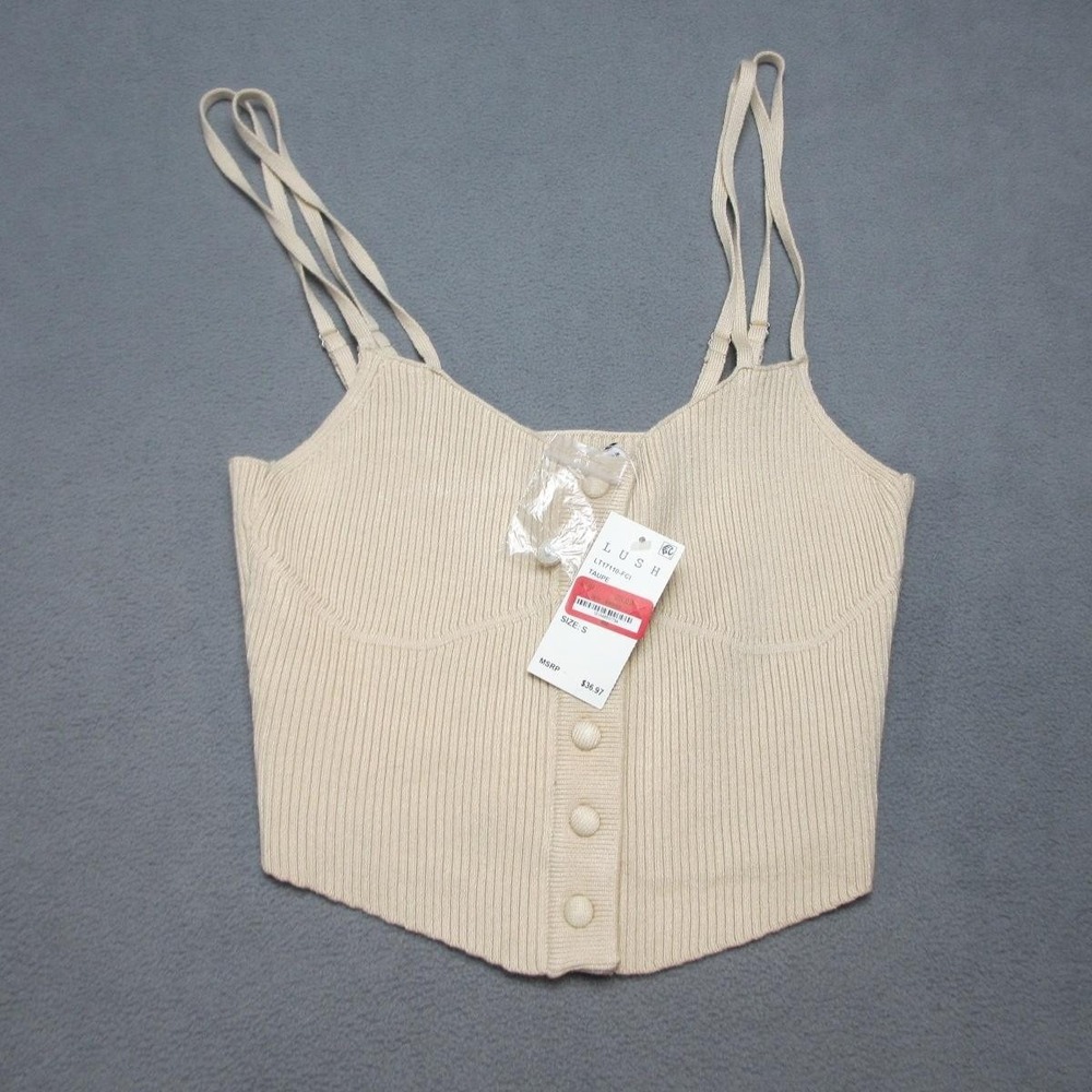 Lush Shirt Womens Small Taupe Ribbed Button Front Cami Crop Knit LT17110-FCI